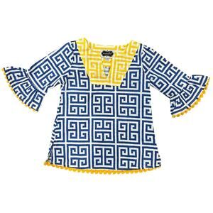 Mud Pie Blue & Yellow Geometric Pom-Pom Tunic